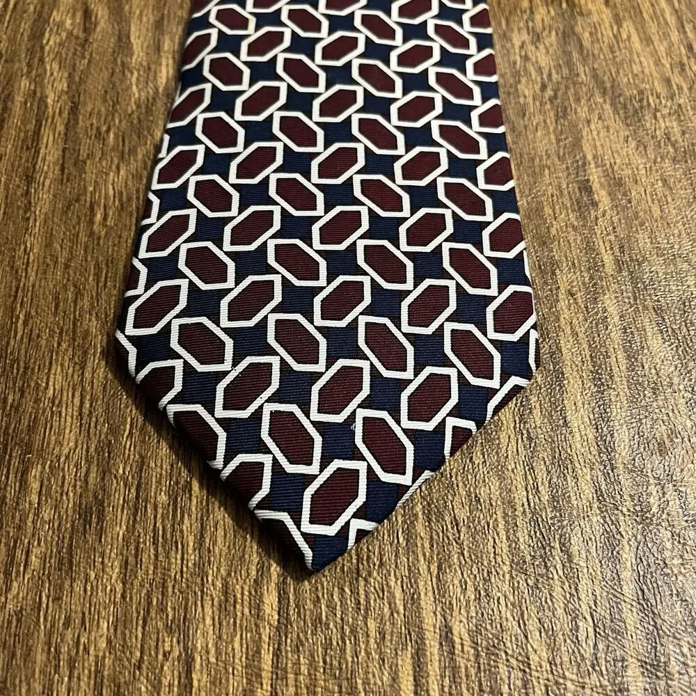 Brooks Brothers Makers Men's Silk Neck Tie‎ USA Designer Geometric Burgundy Blue